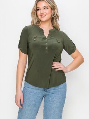 NWOT - PerSeption Concepts - Sage Green Short Sleeve Blouse - Large
